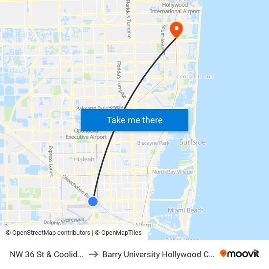 NW 36 St & Coolidge Dr to Barry University Hollywood Campus map