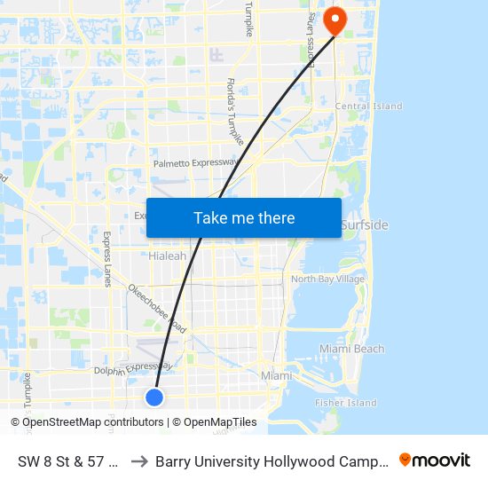 SW 8 St & 57 Av to Barry University Hollywood Campus map