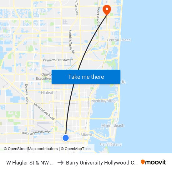 W Flagler St & NW 27 Av to Barry University Hollywood Campus map