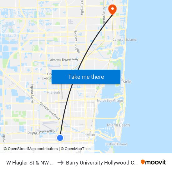 W Flagler St & NW 42 Av to Barry University Hollywood Campus map