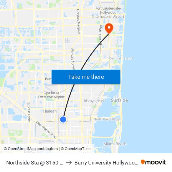 Northside Sta @ 3150 NW 79 St to Barry University Hollywood Campus map