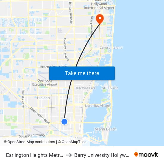 Earlington Heights Metrorail Station to Barry University Hollywood Campus map