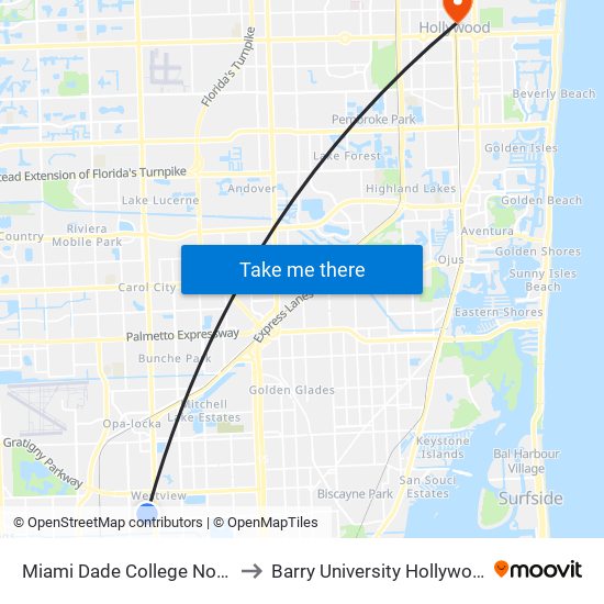 Miami Dade College North Campus to Barry University Hollywood Campus map