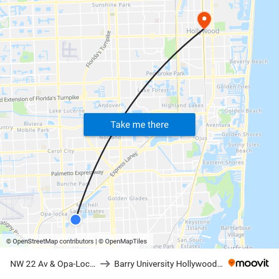 NW 22 Av & Opa-Locka Blvd to Barry University Hollywood Campus map