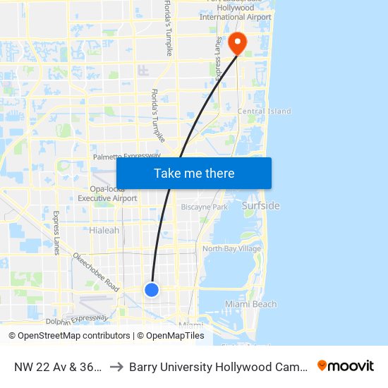 NW 22 Av & 36 St to Barry University Hollywood Campus map