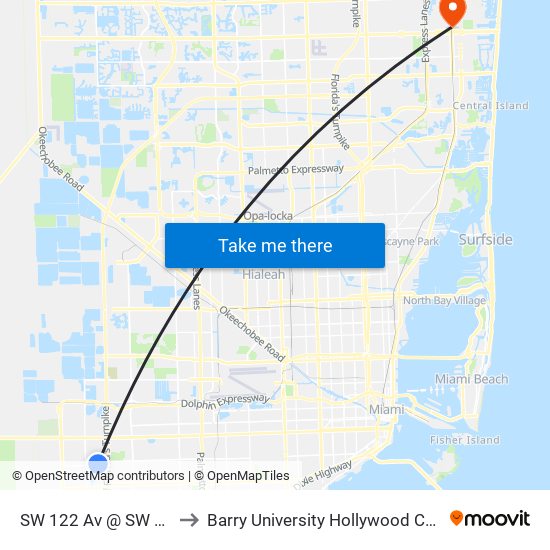 SW 122 Av @ SW 26 St to Barry University Hollywood Campus map