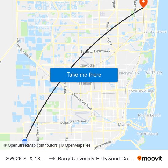 SW 26 St & 137 Av to Barry University Hollywood Campus map