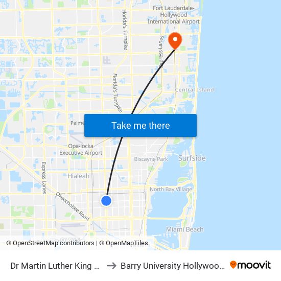Dr Martin Luther King Jr Station to Barry University Hollywood Campus map