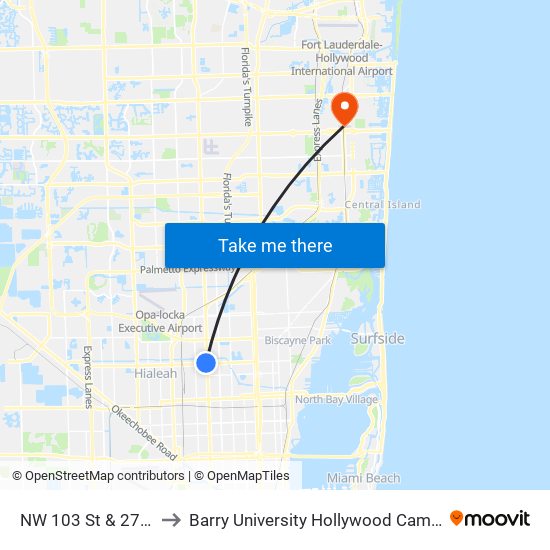 NW 103 St & 27 Av to Barry University Hollywood Campus map