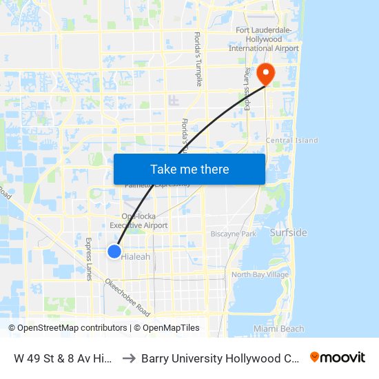 W 49 St & 8 Av Hialeah to Barry University Hollywood Campus map