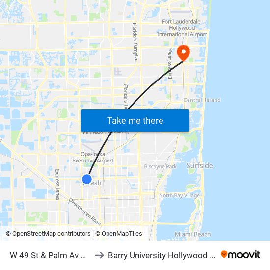 W 49 St & Palm Av Hialeah to Barry University Hollywood Campus map