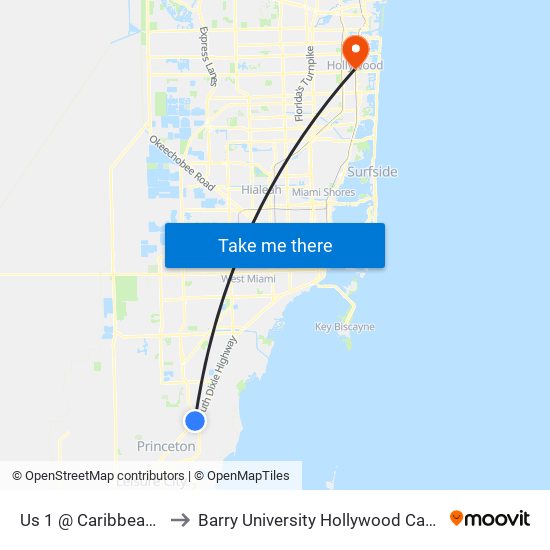 Us 1 @ Caribbean Bd to Barry University Hollywood Campus map