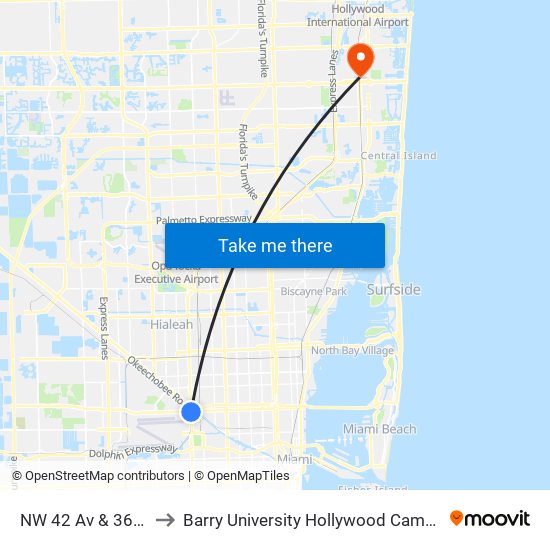 NW 42 Av & 36 St to Barry University Hollywood Campus map