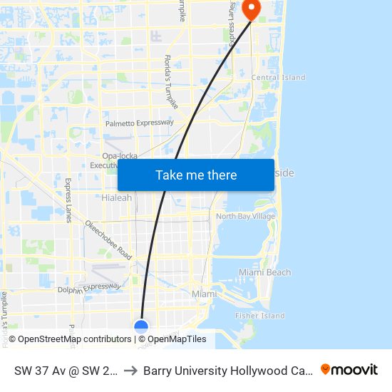 SW 37 Av @ SW 22 St to Barry University Hollywood Campus map