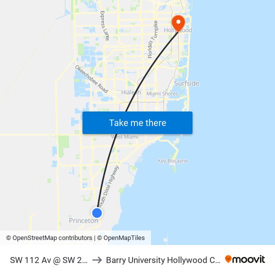 SW 112 Av @ SW 216 St to Barry University Hollywood Campus map