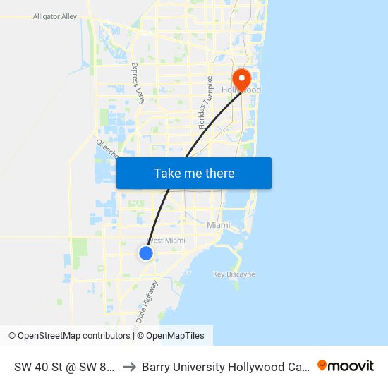 SW 40 St @ SW 87 Av to Barry University Hollywood Campus map