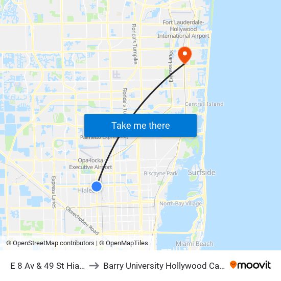 E 8 Av & 49 St Hialeah to Barry University Hollywood Campus map