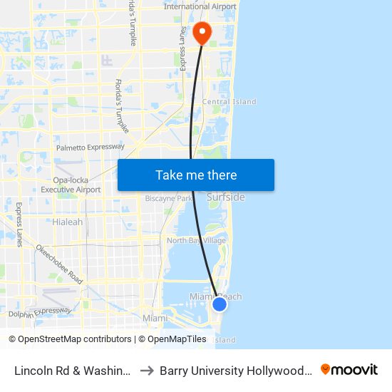 Lincoln Rd & Washington Av to Barry University Hollywood Campus map