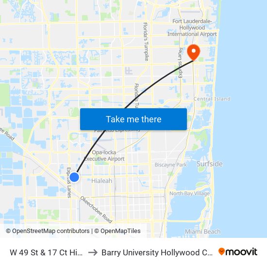 W 49 St & 17 Ct Hialeah to Barry University Hollywood Campus map