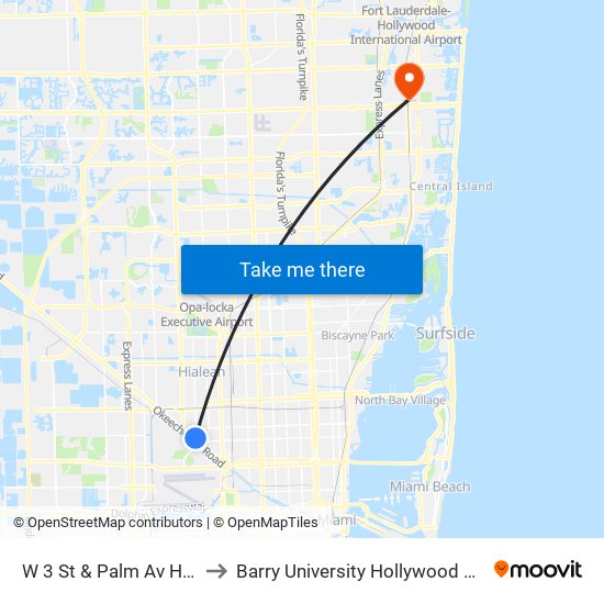 W 3 St & Palm Av Hialeah to Barry University Hollywood Campus map