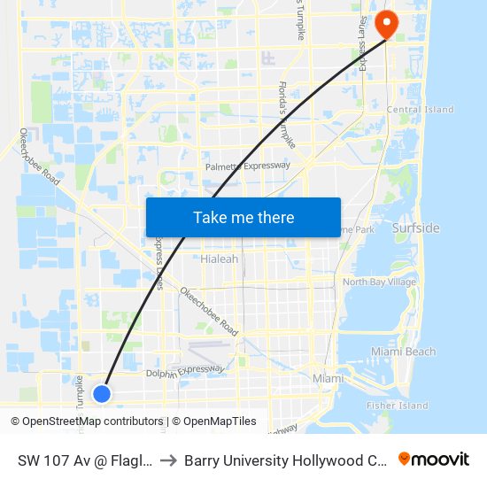SW 107 Av @ Flagler St to Barry University Hollywood Campus map