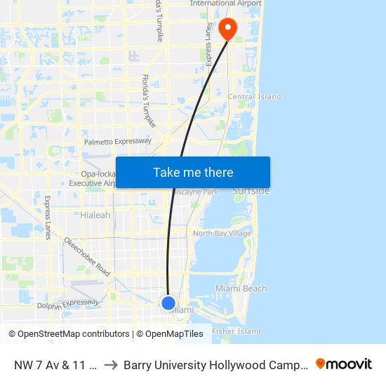 NW 7 Av & 11 St to Barry University Hollywood Campus map