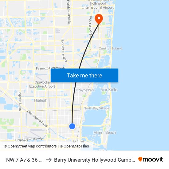 NW 7 Av & 36 St to Barry University Hollywood Campus map