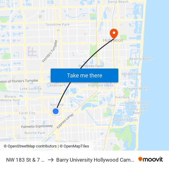 NW 183 St & 7 Av to Barry University Hollywood Campus map