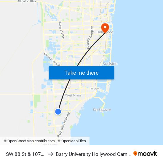 SW 88 St & 107 Av to Barry University Hollywood Campus map