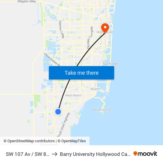 SW 107 Av / SW 88 St to Barry University Hollywood Campus map