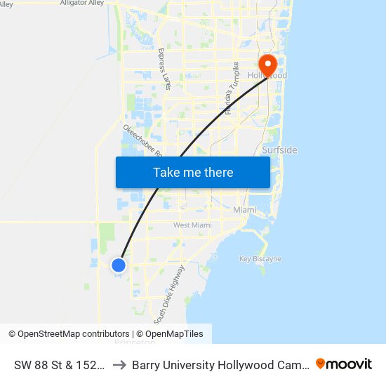 SW 88 St & 152 Av to Barry University Hollywood Campus map