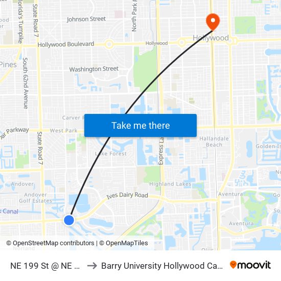 NE 199 St @ NE 2 Av to Barry University Hollywood Campus map