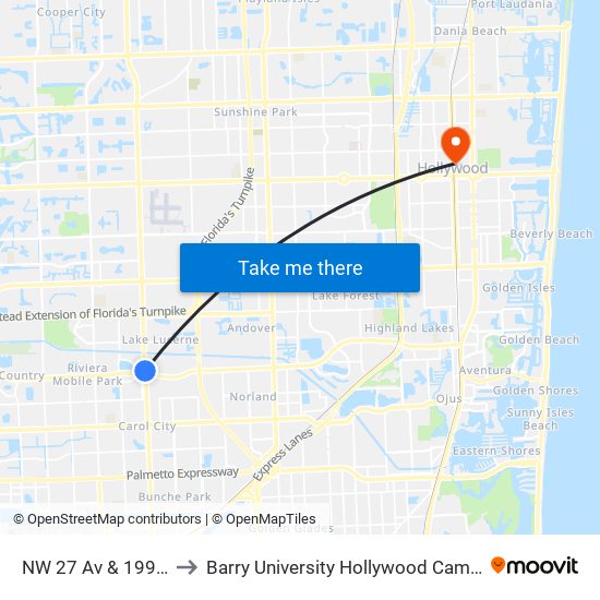 NW 27 Av & 199 St to Barry University Hollywood Campus map