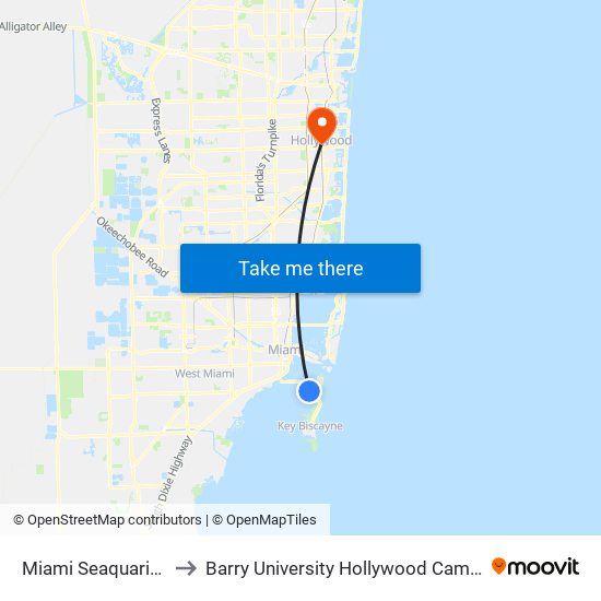 Miami Seaquarium to Barry University Hollywood Campus map