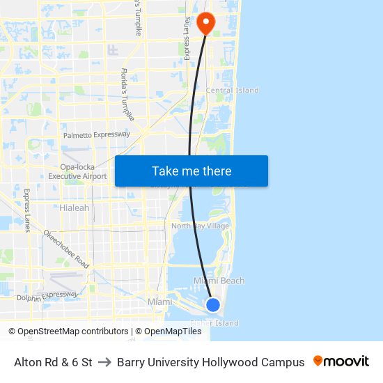 Alton Rd & 6 St to Barry University Hollywood Campus map