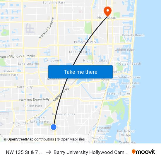 NW 135 St & 7 Av to Barry University Hollywood Campus map