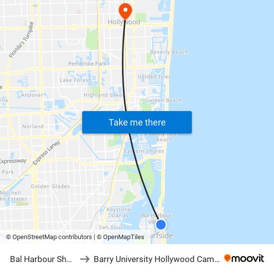 Bal Harbour Shops to Barry University Hollywood Campus map