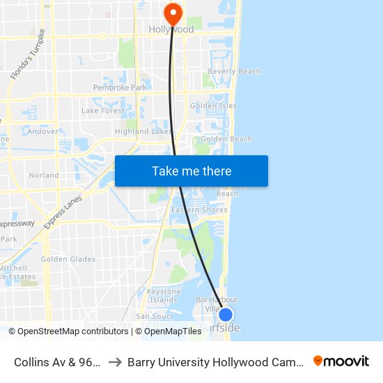 Collins Av & 96 St to Barry University Hollywood Campus map