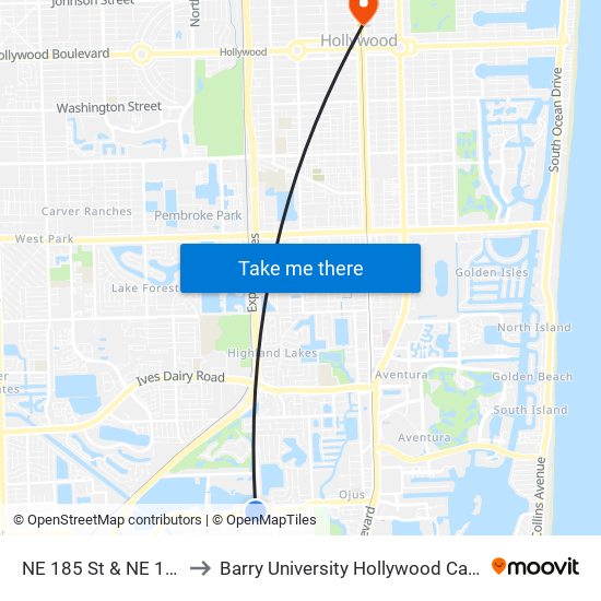 NE 185 St & NE 18 Av to Barry University Hollywood Campus map