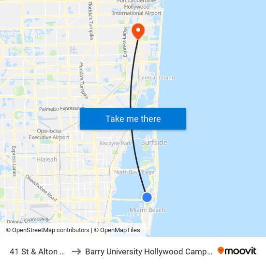 41 St & Alton Rd to Barry University Hollywood Campus map