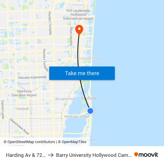 Harding Av & 72 St to Barry University Hollywood Campus map