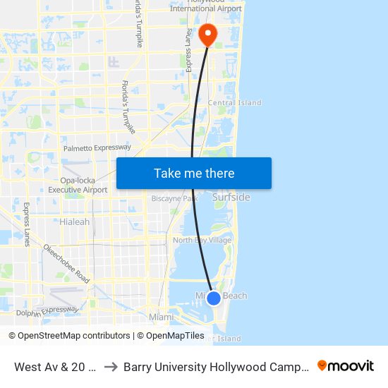 West Av & 20 St to Barry University Hollywood Campus map