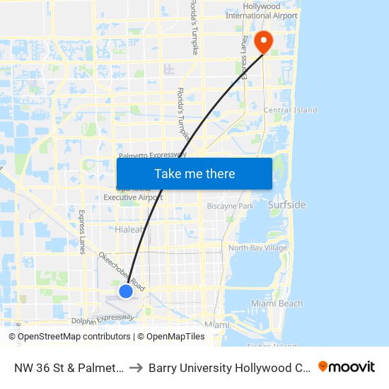 NW 36 St & Palmetto Dr to Barry University Hollywood Campus map