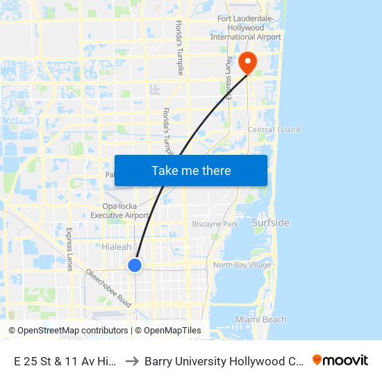 E 25 St & 11 Av Hialeah to Barry University Hollywood Campus map