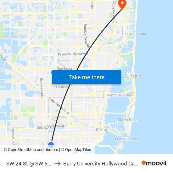 SW 24 St @ SW 67 Av to Barry University Hollywood Campus map