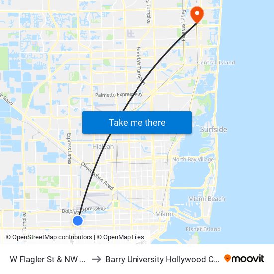 W Flagler St & NW 72 Av to Barry University Hollywood Campus map