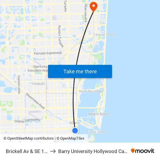 Brickell Av & SE 12 St to Barry University Hollywood Campus map