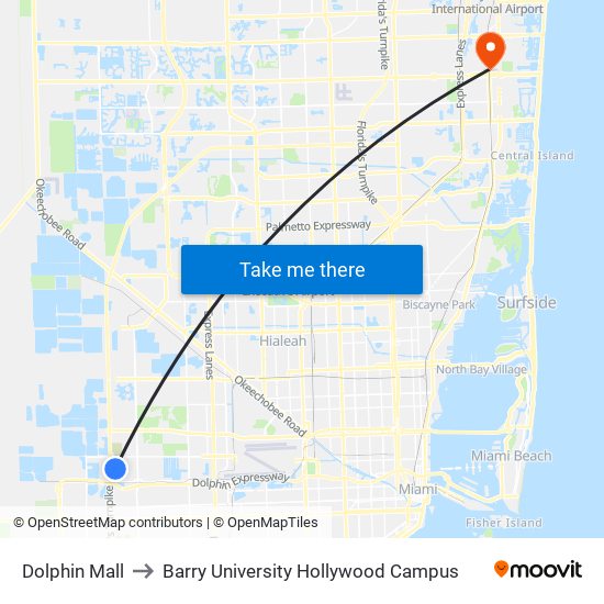 Dolphin Mall to Barry University Hollywood Campus map