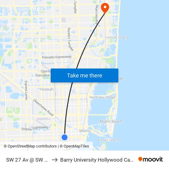 SW 27 Av @ SW 8 St to Barry University Hollywood Campus map