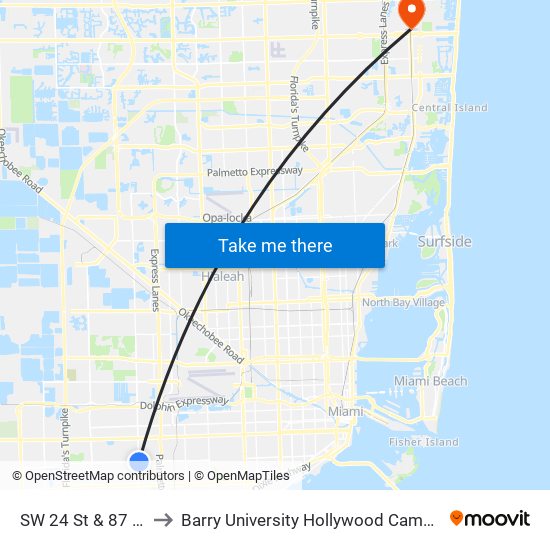 SW 24 St & 87 Av to Barry University Hollywood Campus map